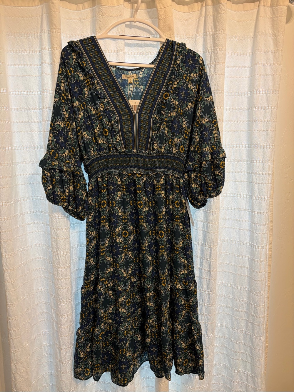 Max Studio Navy Floral Midi Dress with Mustard Accents